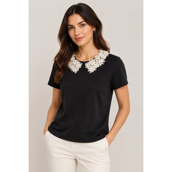 Aqua Tops - Aqua Floral Collar Top XS NWT Black Embellished Peter Pan Collar